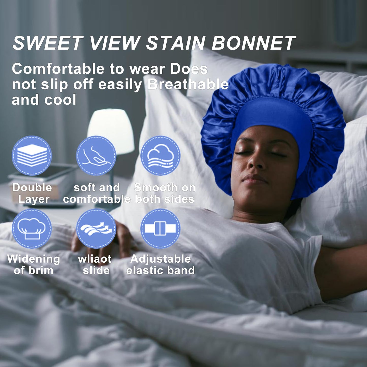 4PCS Silk Bonnet for Sleeping - Satin Hair Wrap Cap for Black Women Men, Curly Hair - Elastic Wide Band Shower Cap (Black, Sapphire Blue, Green, Purple)