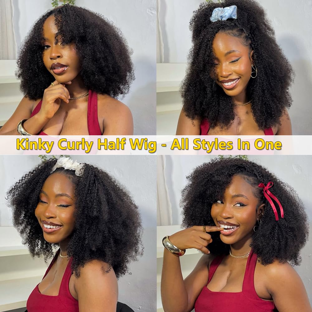 VFFTI Kinky Curly Half Wig Human Hair 200% Density Wear Go Glueless Wigs 3 In 1 Seamless Flip Wig 20 Inch Half Wigs for Black Women Invisible Hairline Beginner Friendly