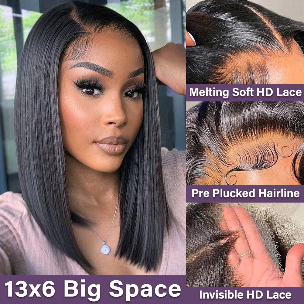 Hihmarm 13X6 Bob Wig Human Hair Hd Lace Front Wigs Human Hair For Black Women Frontal Wigs Pre Plucked Straight Glueless Wig 180% Density Natural Color 16 Inch