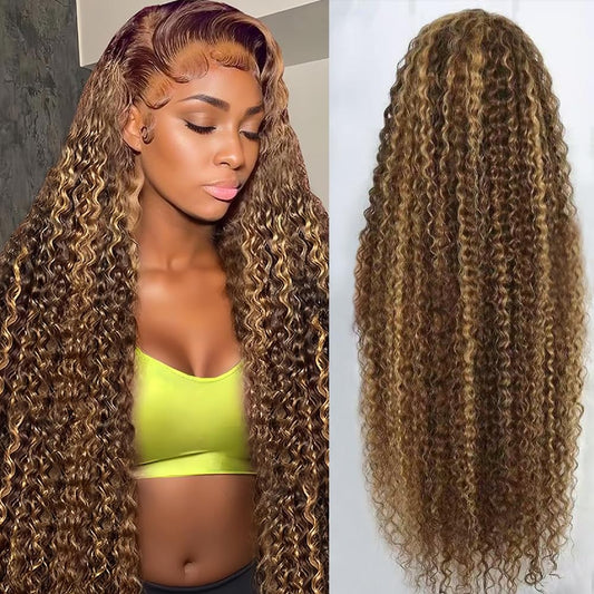 abbildung 28inch Highlight Ombre Lace Front Wig Human Hair 13x6 HD Honey Blonde 4/27 Deep Wave Lace Frontal Wigs Glueless Wigs Human Hair Pre Plucked with Baby Hair 200 Density