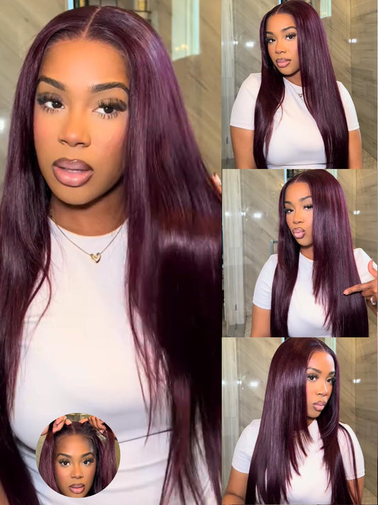 KLAIYI Black Cherry Layered Straight 13x4 Precut Lace Front Wigs Human Hair Bye Bye Knots Glueless Ready to Wear and Go Wig Drawstring Pre Plucked Bleached Dark Burgundy Wine Red Pre Everything 26Inch