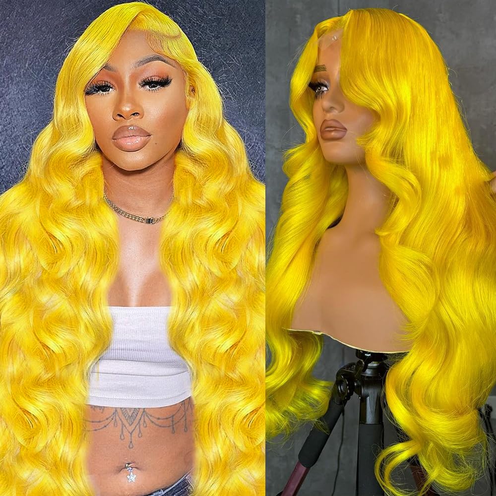 Yellow Lace Front Wig Human Hair 200% Density Yellow Human Hair Wig Body Wave Lace Front Wigs Human Hair Pre Plucked 13x4 HD Lace Frontal Wig Colored Wigs Human Hair 24 Inch