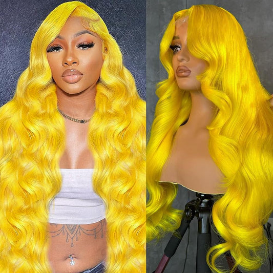 Yellow Lace Front Wig Human Hair 200% Density Yellow Human Hair Wig Body Wave Lace Front Wigs Human Hair Pre Plucked 13x4 HD Lace Frontal Wig Colored Wigs Human Hair 24 Inch