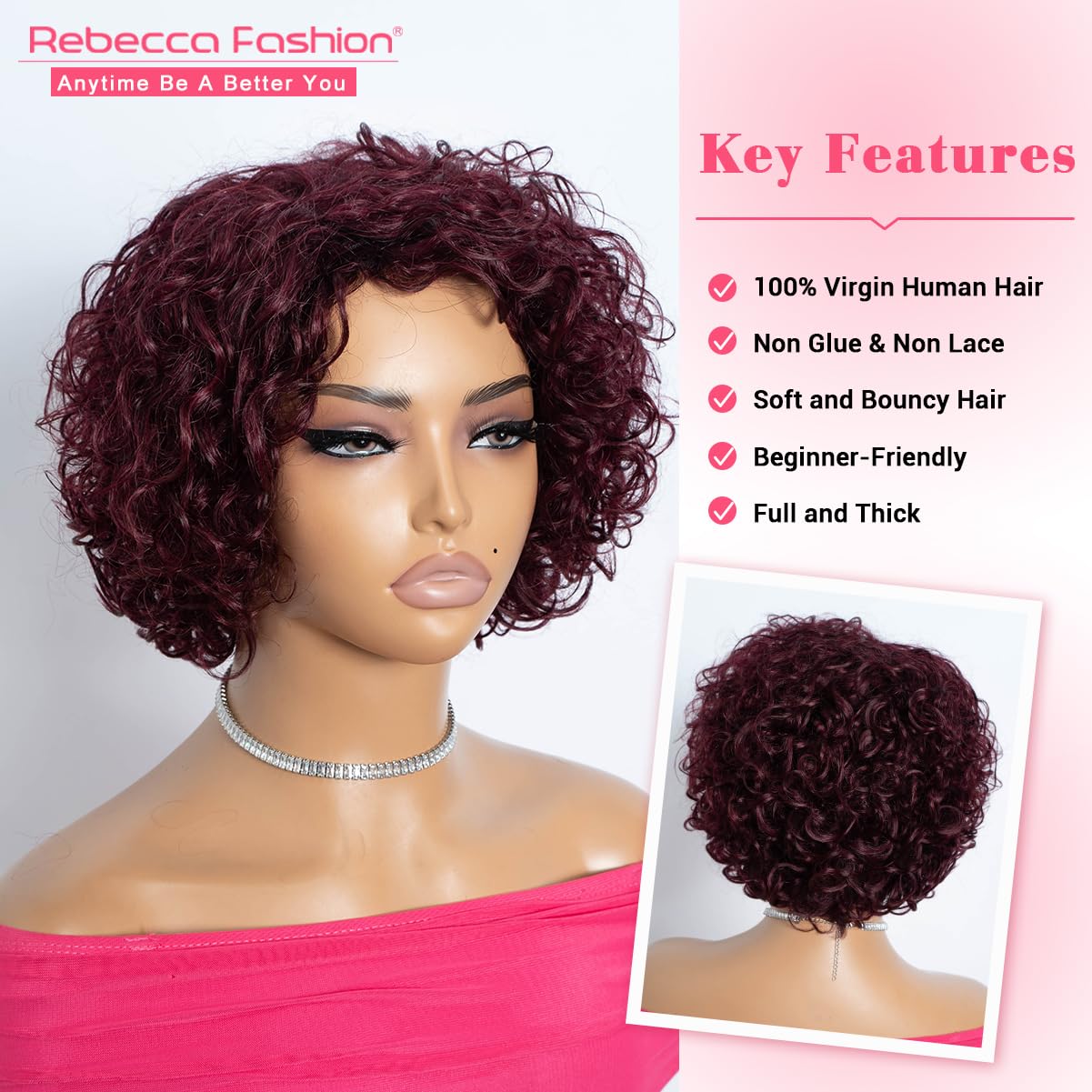 Rebecca Fashion 99J Burgundy Short Curly Human Hair Wigs for Black Women Cute Curly Bob Wig Side Part Non Lace Glueless Wigs Brazilian Remy Natural Looking
