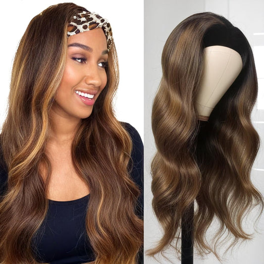 olimaruly Headband Wig Human Hair Body Wave for Black Women Highlight Ombre #4/27 Glueless Wigs Machine Made Wigs 150% Density (26 Inch Highlight Headband wig)