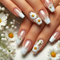 Flower Press on Nails Long White French Tip Nails Coffin Fake Nails with Daisy Designs Glossy Pink Acrylic Ballet Nails Full Cover Summer Flower Nails Glue on Nails Stick on Nails for Women 24PCS