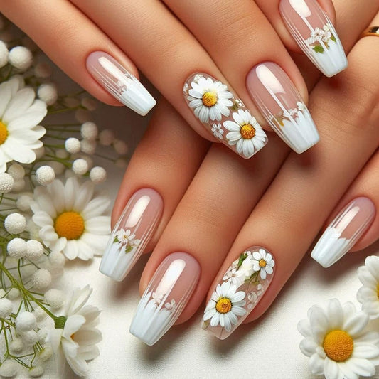 Flower Press on Nails Long White French Tip Nails Coffin Fake Nails with Daisy Designs Glossy Pink Acrylic Ballet Nails Full Cover Summer Flower Nails Glue on Nails Stick on Nails for Women 24PCS