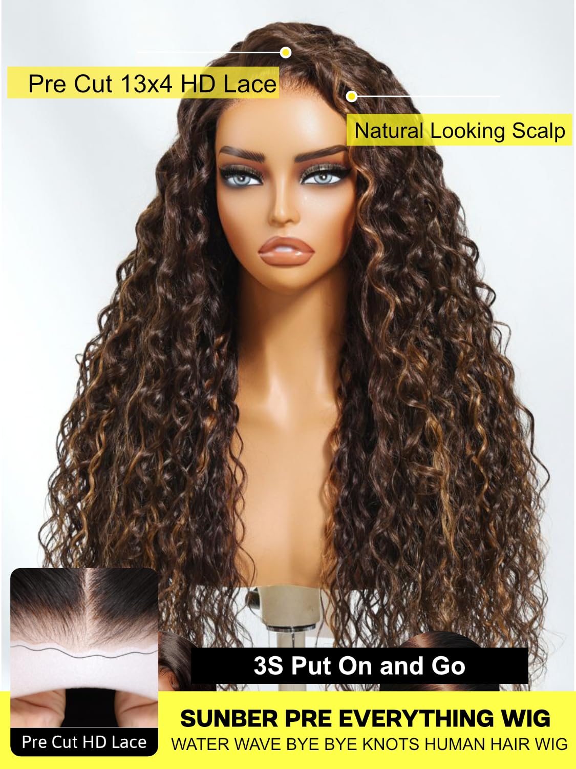 Sunber Ombre Brown Highlights Honey Blonde Water Wave Human Hair Glueless Wig Bye Bye Knots Pre Everything 7x5 Lace Front Pre Cut Lace Pre Plucked Pre Bleached Knots 150% Density 3S Pull Go 16Inch