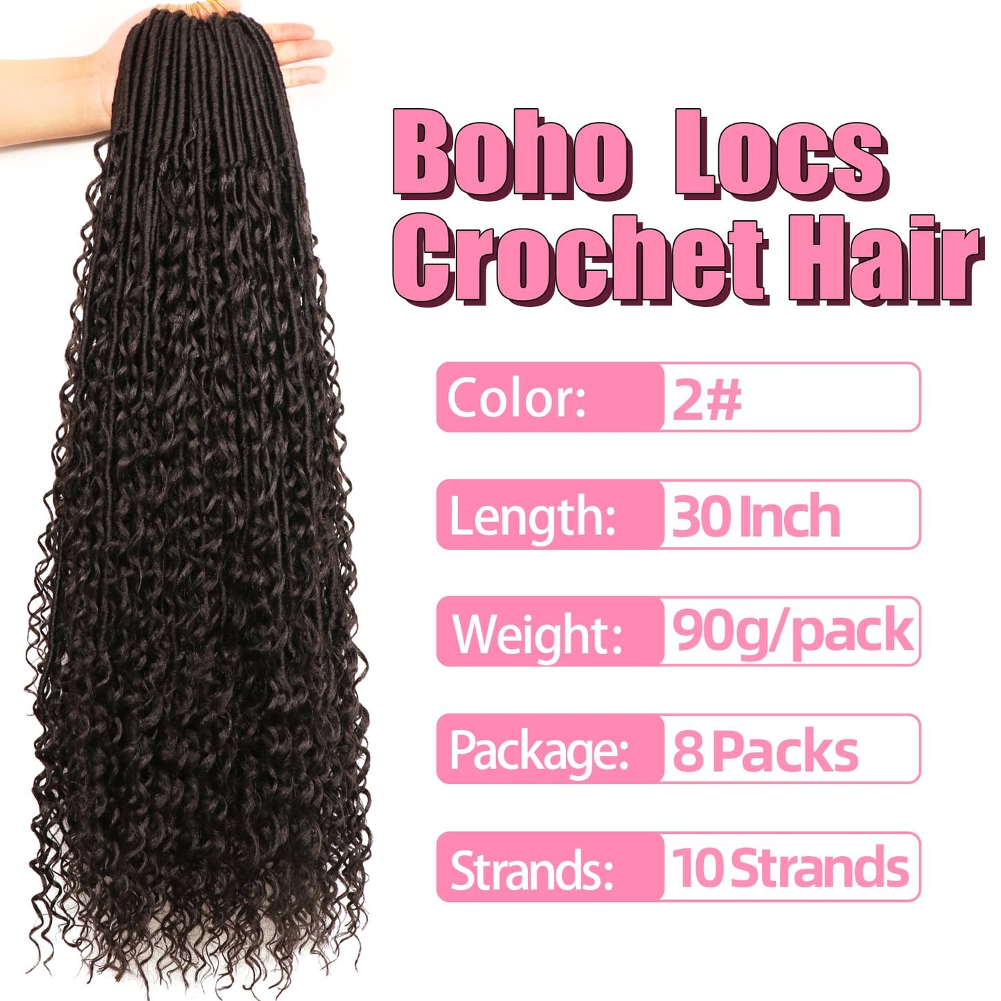 Soft Boho Locs Crochet Hair for Black Women-30 Inch 8 Packs Goddess Faux Locs Crochet Human Hair Feeling Pre Looped with Curly Ends (#2, 30 Inch(Pack of 8))