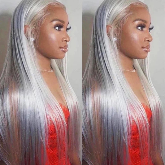 ANDRIA Lace Front Wigs Glueless Synthetic Long Silk Straight Natural Heat Resistant Fiber Hair Grey Wig With Baby Hair For Black Women 24 Inches