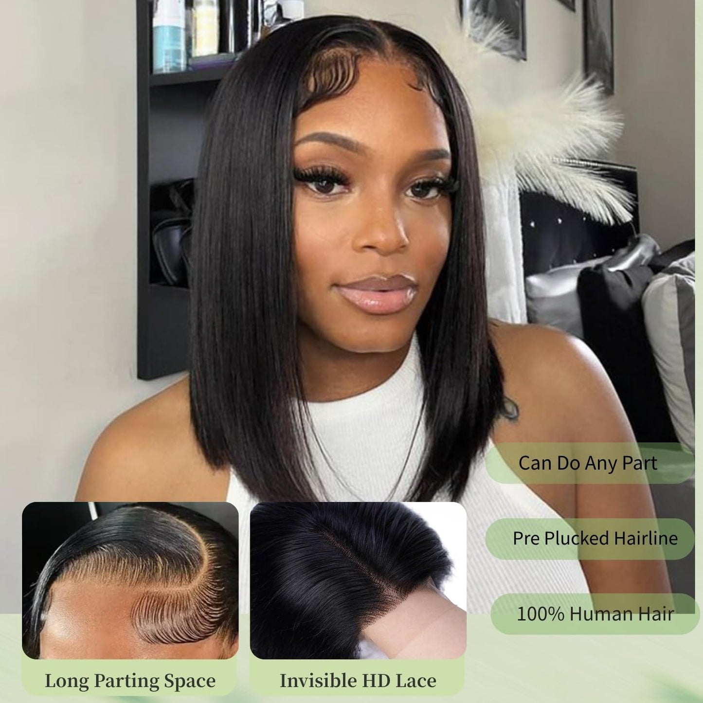 YFOXI Bob Wig Human Hair 13x4 HD Straight Lace Front Wigs Human Hair For Black Women Glueless Lace Frontal Wigs Human Hair Pre Plucked Natural Hairline Short Glueless Bob Wig（12 Inch）