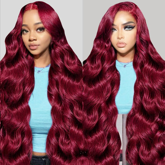 Dewyigs 99J Burgundy Lace Front Wigs Human Hair 26 Inch Red Burgundy Wig Human Hair 13x4 HD Body Wave Lace Front Wigs Human Hair 180% Density Pre Plucked Frontal Human Hair Wigs for Women