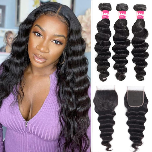 Beaushine Human Hair Bundles Loose Deep Wave Bundles and Closure (14 16 18+14) 10A Brazilian Loose Wave hd Lace Closure with Unprocessed Brazilian Raw Virgin Human Hair Quick Weave Bundles