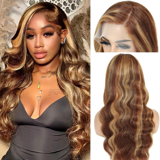 Highlight Ombre Lace Front Wig Human Hair Pre Plucked 200% Density 13x4 HD Transparent Lace Frontal Wigs For Women Body Wave 4/27 Colored Highlight Human Hair Wig 32 Inch