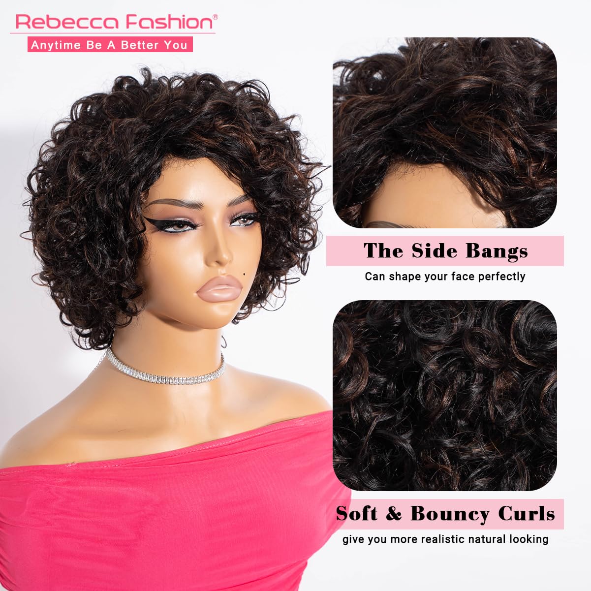 Rebecca Fashion Short Curly Human Hair Wigs for Black Women Side Part Cute Curly Bob Wig Brazilian Remy Non Lace Glueless Wigs Natural Looking Highlight Brown Black Mix Brown Color