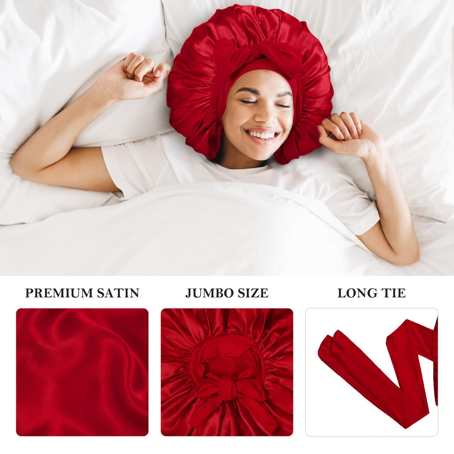 Kafteri 3Pcs Satin Silk Bonnet for Sleeping, Extra Large Hair Bonnets for Sleeping Black Curly Hair Women Big Jumbo Bonnet with Tie Band Braids