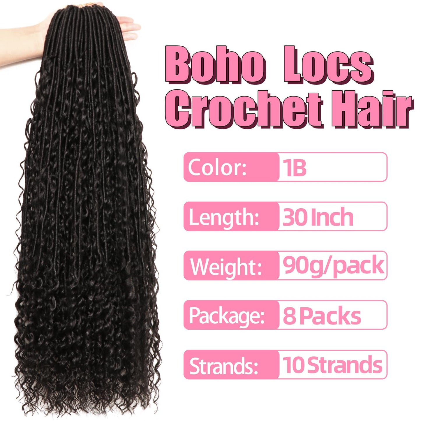Soft Boho Locs Crochet Hair for Black Women-30 Inch 8 Packs Goddess Faux Locs Crochet Human Hair Feeling Pre Looped with Curly Ends(1B, 30 Inch(Pack of 8))