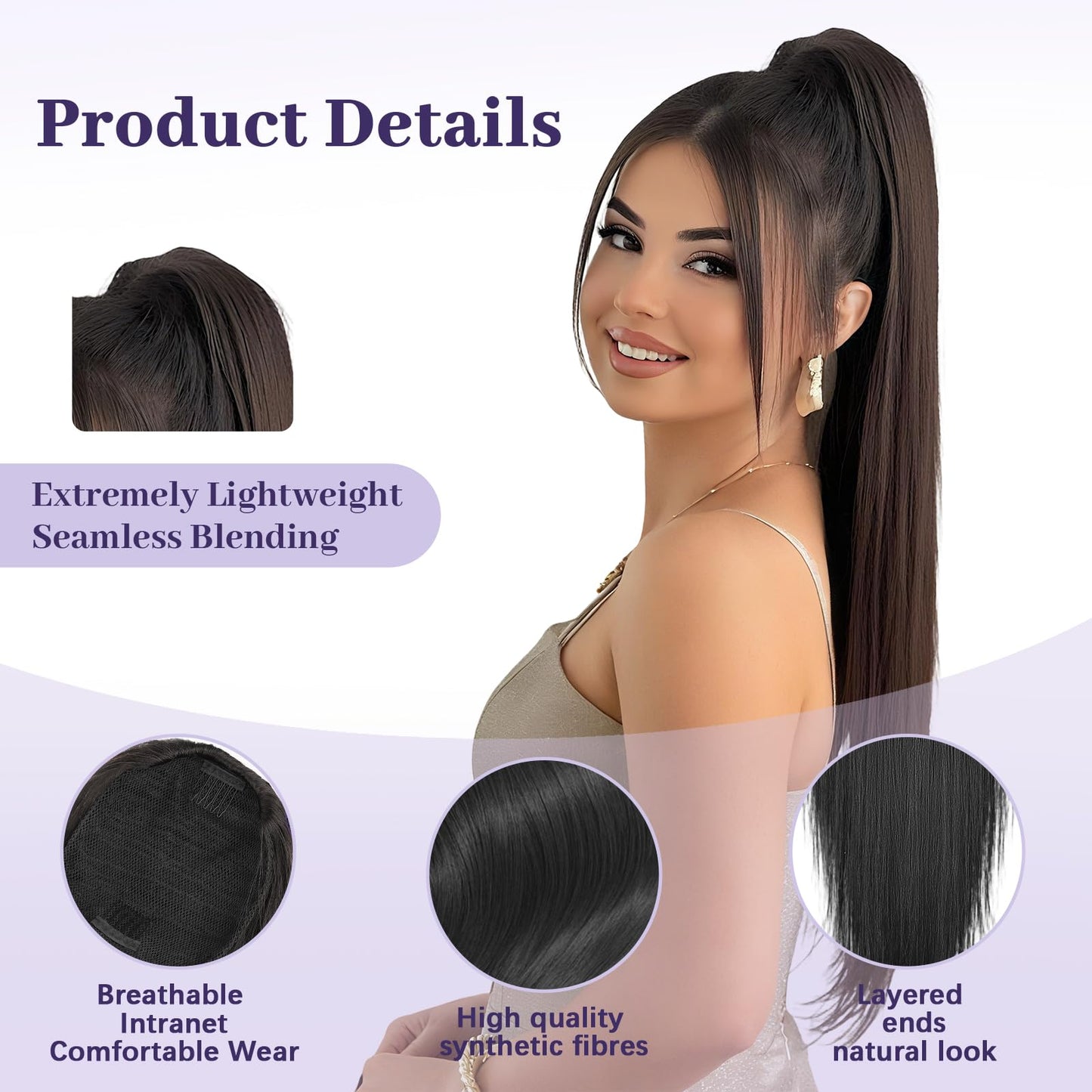 ORSUNCER Drawstring Ponytail Extension, Long Straight Pony Tails Hair Extensions Natural Soft Clip in Ponytail for Women Synthetic Hairpieces Black Brown