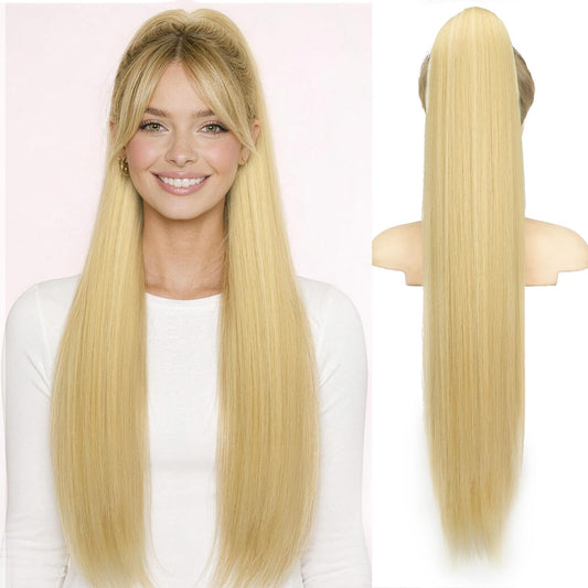 ORSUNCER Drawstring Ponytail Extension, Long Straight Pony Tails Hair Extensions Natural Soft Clip in Ponytail for Women Synthetic Hairpieces Blonde Highlight