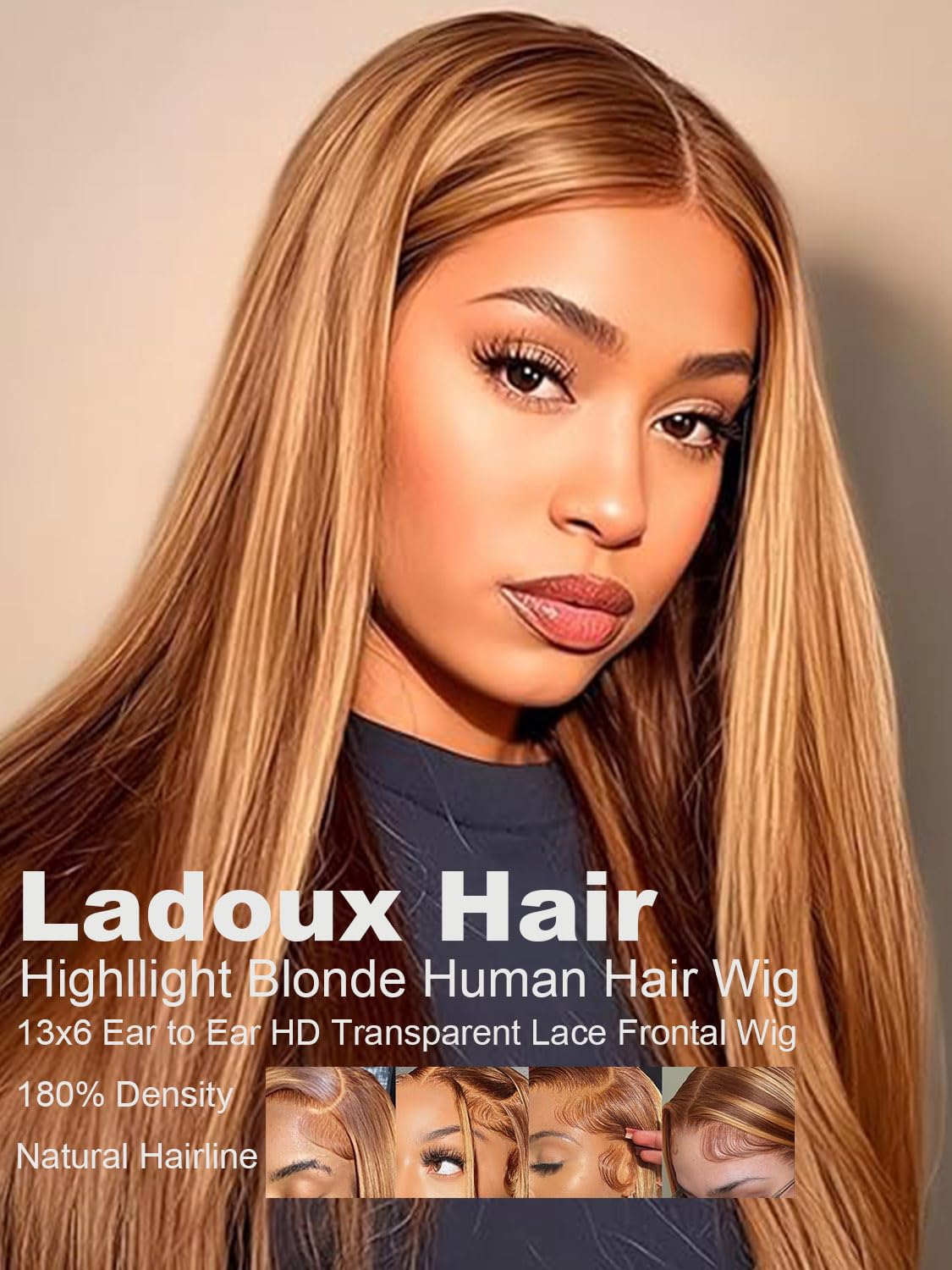 Ladoux Ombre Honey Blonde 13x6 HD Transparent Straight Lace Front Human Hair Wigs for Women 180% Density 4/27 Colored Highlight Curly Glueless Straight Wigs 20Inch Pre Plucked with Baby Hair