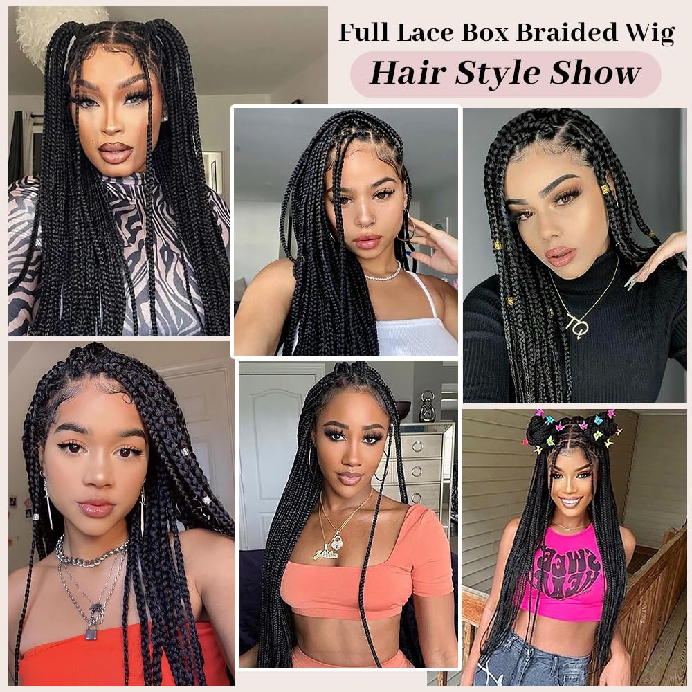 Suntefic Box Braided Wigs for Black Women Glueless Box Braids Wig with Baby Hair Double Full Lace Front Braid Wig Human Hair Blended Braided Wigs (Box Braid（Black）
