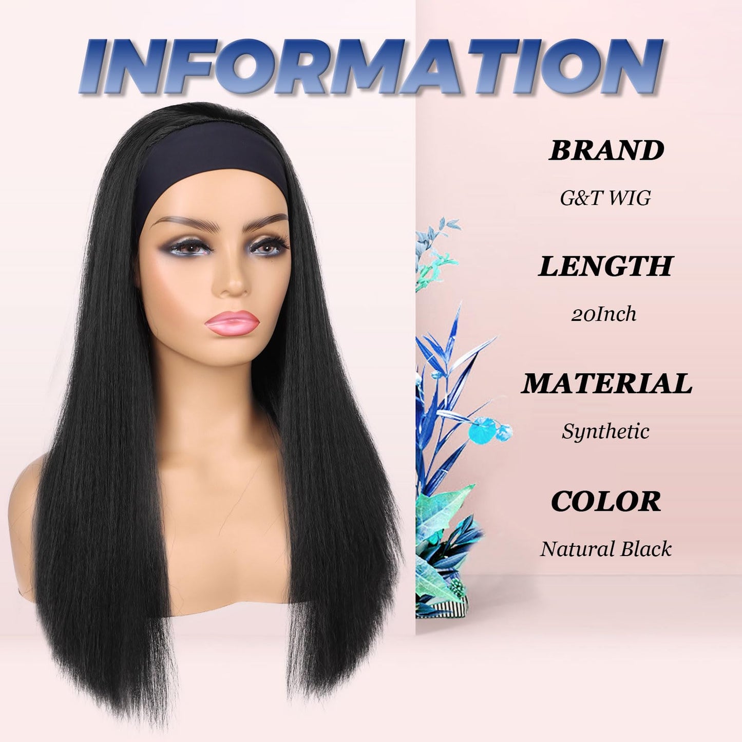 G&T Wig Yaki Straight Headband Wigs for Black Women Synthetic Yaki Headband Wig Long Kinky Straight Hair Wigs With Hair Band Attached 20 inch Full Machine Made None Lace Front Wig Natural Black Color