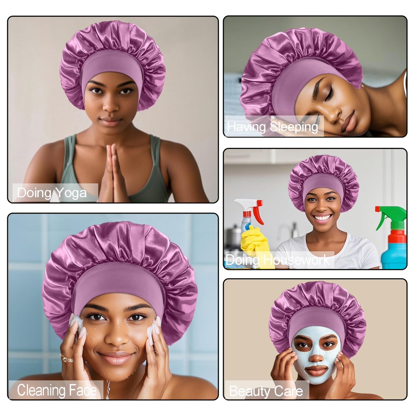 4PCS Silk Satin Bonnets for Black Women & Men - Elastic Wide Band Hair Wrap Cap for Curly Hair - Shower Cap for Sleeping (Black, Blue, Purple, Green)
