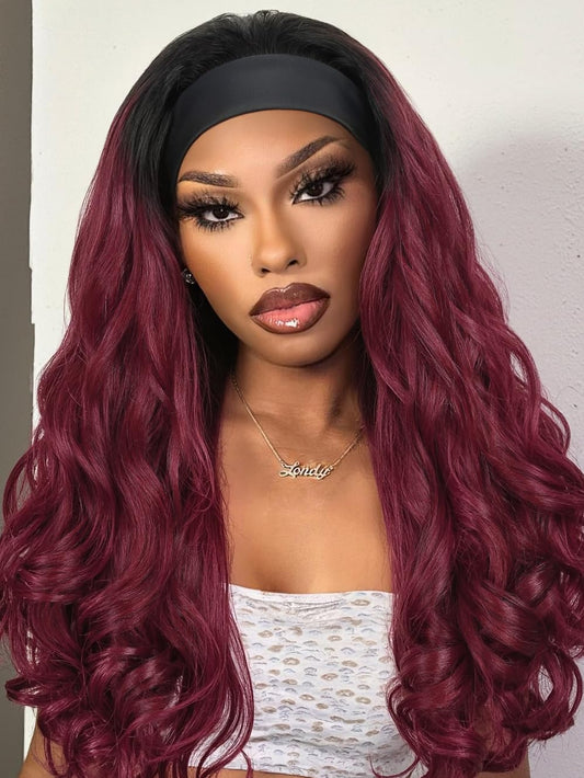 FANCEE Yaki Wavy Headband Wigs Ombre Burgundy Kinky Straight Wear and Go Wig with Curly Wavy Ends for Mom on the Go Synthetic Headband Blow Out Style Natural Hair Wig for Black Women Bug