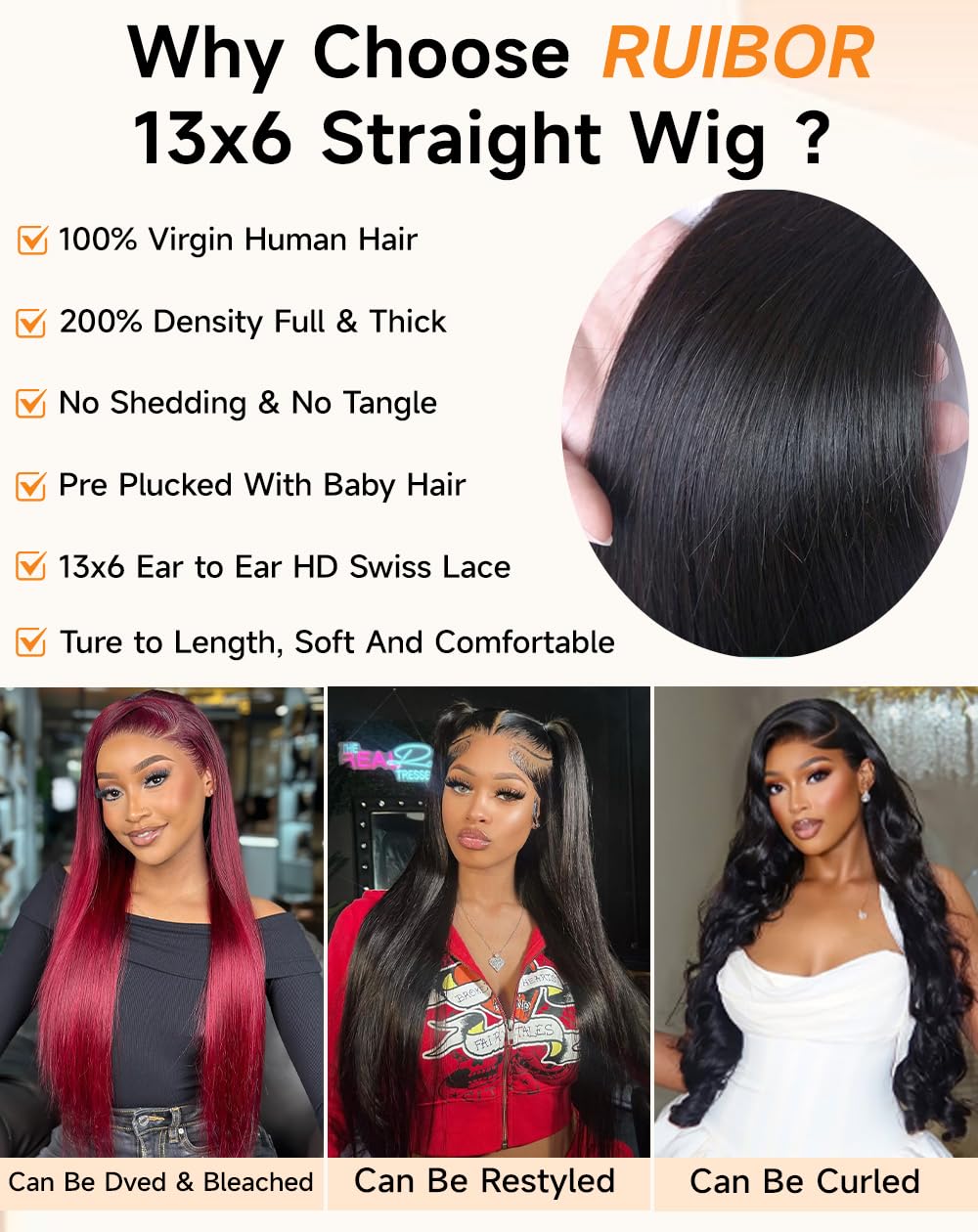 Ruibor 13x6 Lace Front Wigs Human Hair Pre Plucked Straight Wigs Human Hair 200 Density Glueless HD Lace Frontal Wigs No Tangle Tiny Knots Black Wig Soft Heat-Resistant Invisilbe Hairline 22 Inch