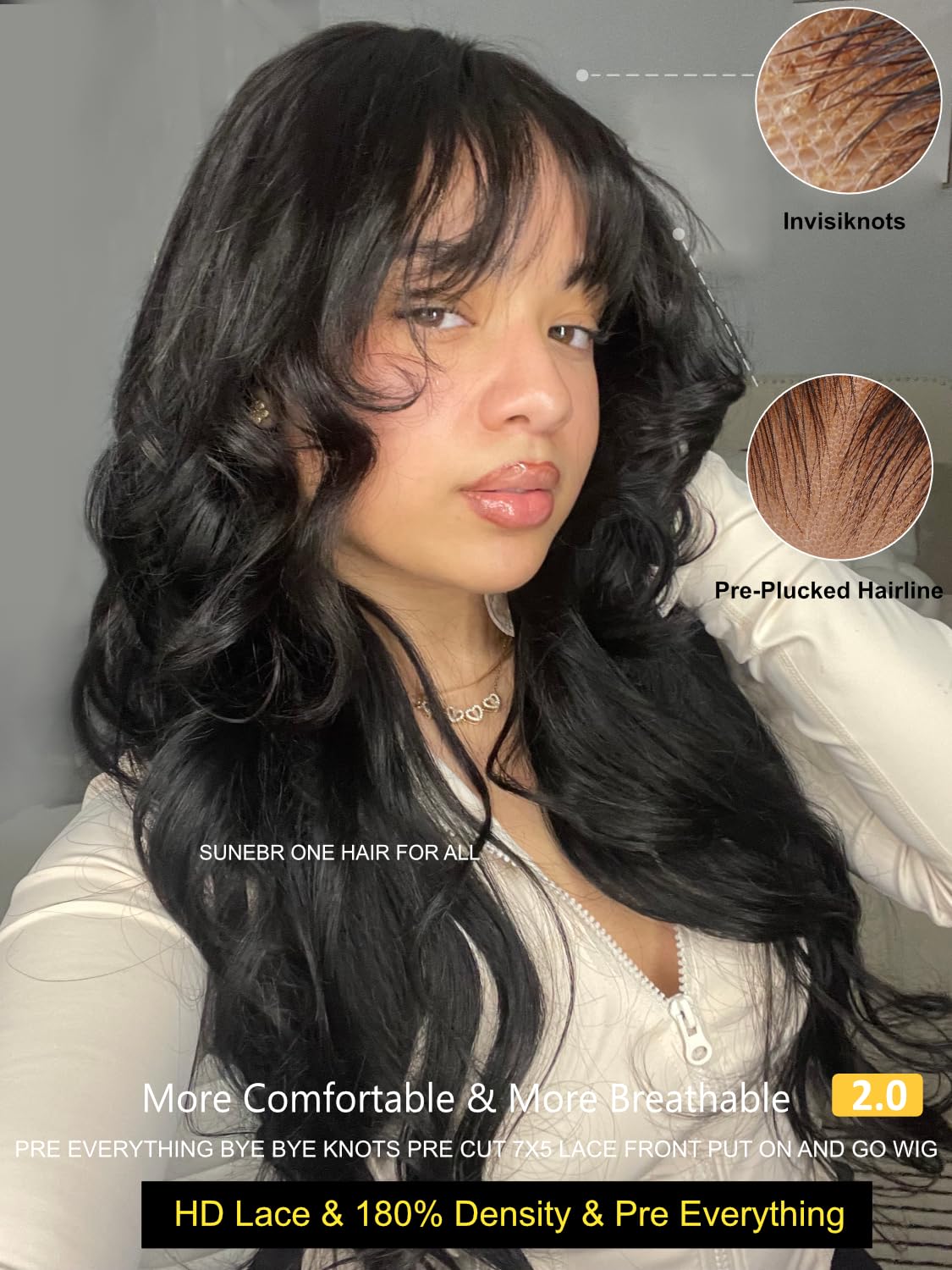 Sunber Bye Bye Knots 7x5 Lace Front Glueless Fluffy Natural Loose Wave Curtain Bangs Wig 180% Density Human Hair Wigs Pre Plucked Invisible Knots Pre Everything 3S Ready to Wear 16Inch