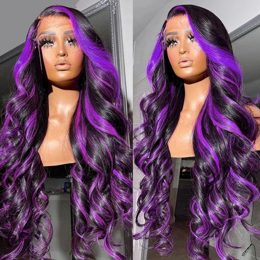 SISIFIRE Purple Highlight Lace Front Wig Pre-plucked Hairline Synthetic Heat Resistant Fiber Lace Front Wigs for Women Glueless 13X4 Inch Long Loose Curly Wavy Wigs