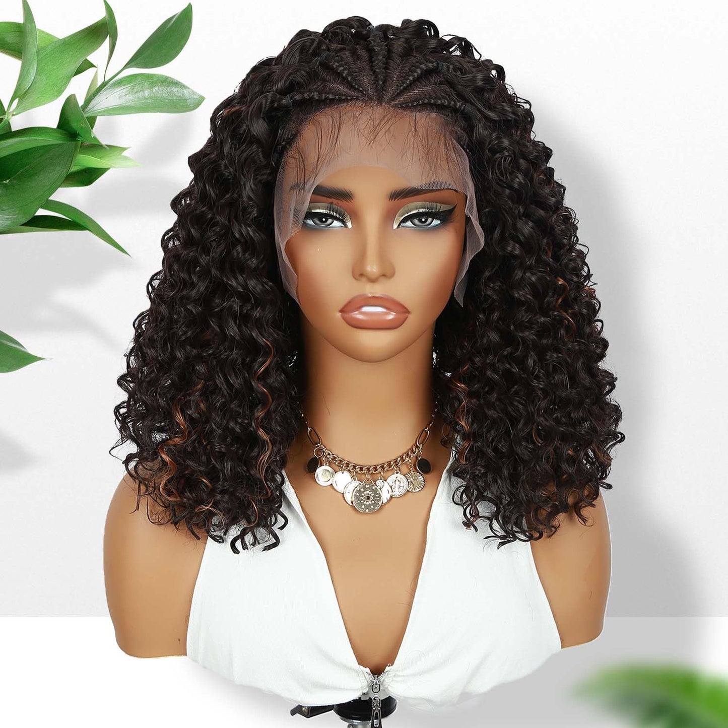 Fancy Hair Braided Wig Cornrow with Curly Hair Wig HD Lace Front Wig with Baby Hair Pre Plucked Glueless Transparent 13x4 Inch Highlight Brown Wig for Black Women