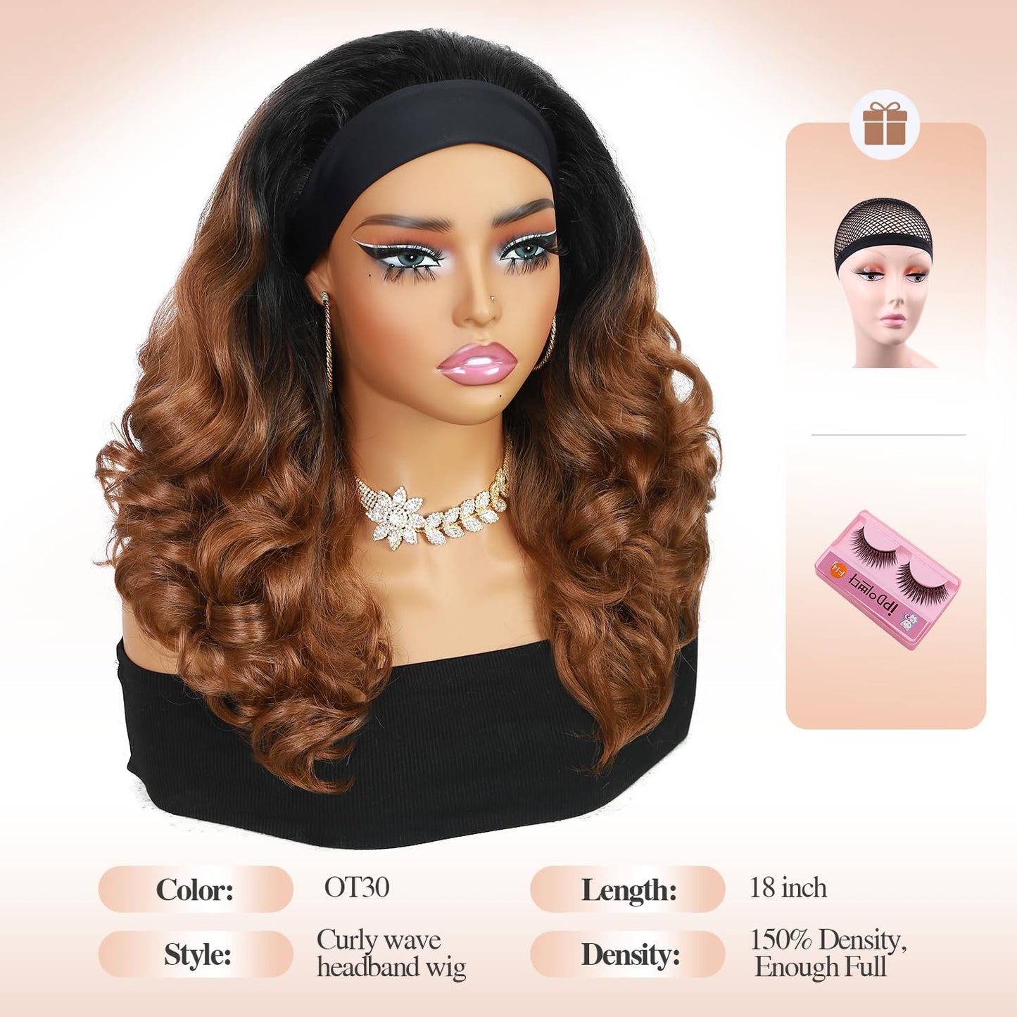 Quantum Love Yaki Curly Headband Wigs for Black Women Kinky Straight Ombre Brown Headband Curly Ends Synthetic Wear and Go Glueless half Wig with Headbands Attached