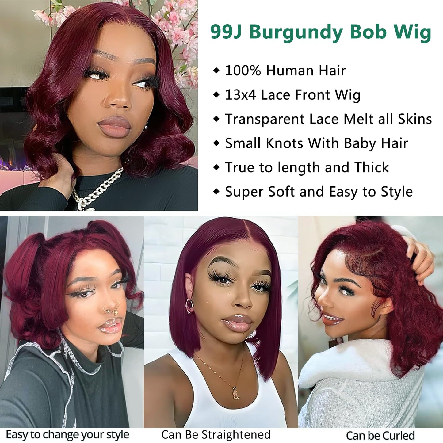 Douyin 99J Burgundy Bob Wig Human Hair 13x4 Frontal Lace Wig 16 Inch Body Wave HD Lace Front Wigs Human Hair Pre Plucked 180% Density Glueless Wine Red Bob Wigs for Women (99J Burgundy, 16 Inch)