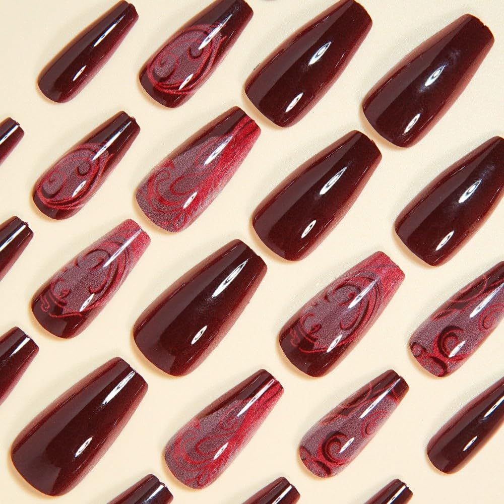 Medium Press on Nails Coffin Fake Nails with Designs Ballet Acrylic Nails Press on Glossy Rose Red Totem Gothic Style Gel False Nail Kits Reusable Stick on Nails for Women Manicure Decorations 24PCS