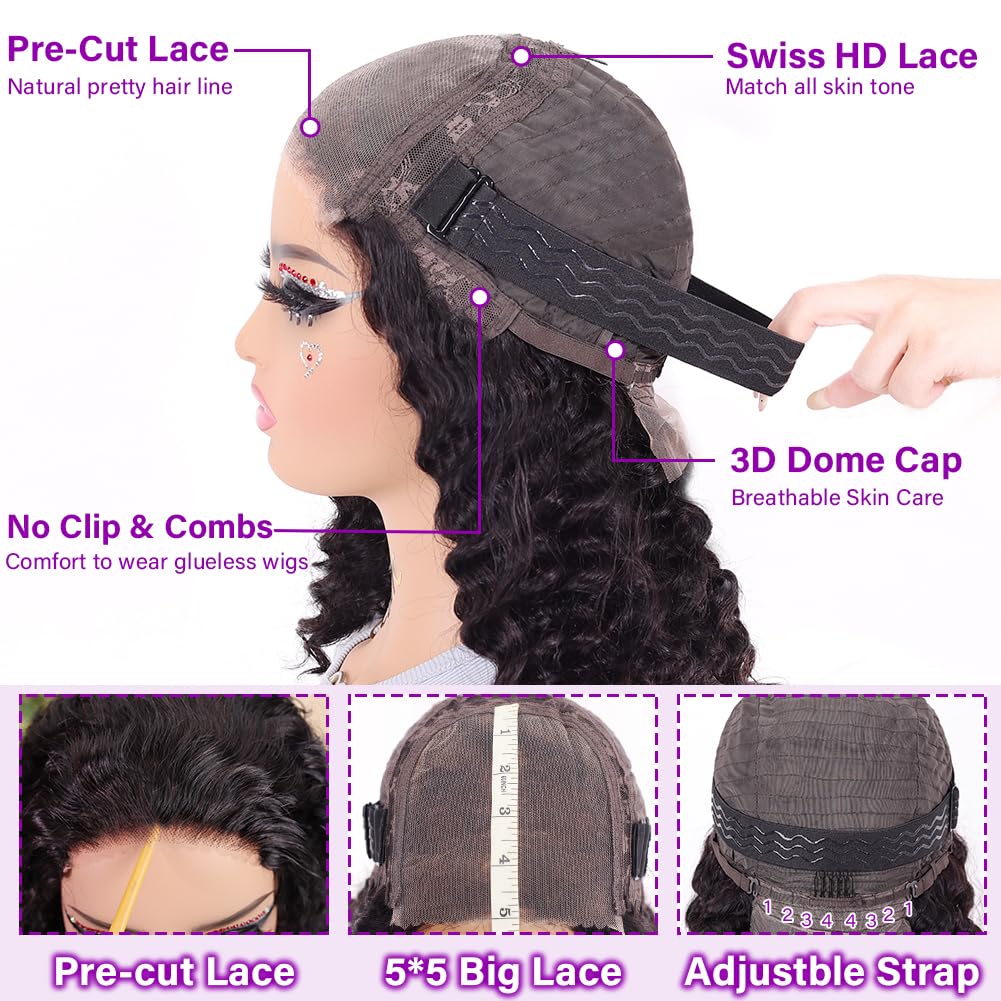 UCUVIC Curly Bob Wig Human Hair 5x5 Wear And Go Glueless Wigs Human Hair Pre Plucked Pre Cut Deep Wave Lace Front Closure Wigs For Black Women 200 Density Curly Wig Glueless Wear And Go Black 12 Inch