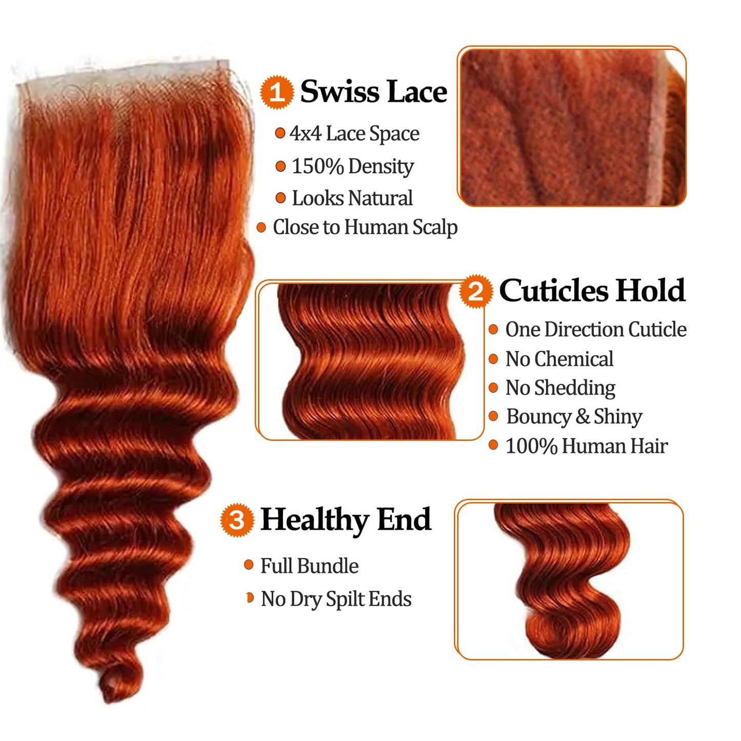 10A Ginger Human Hair Bundles with Closure Loose Deep Wave Quick Weave Bundles with hd Lace Closure-22 24 26+20inch, Unprocessed Brazilian Raw Loose Wave Human Hair