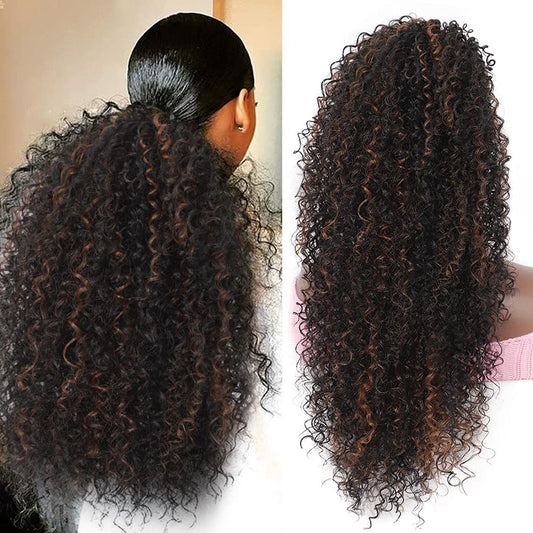 Youthfee Drawstring Ponytail for Women Deep Curly Ponytail Extension Synthetic Mixed with Human Hair Ponytails Brown Highlights Pony for Daily wear,27 Inches