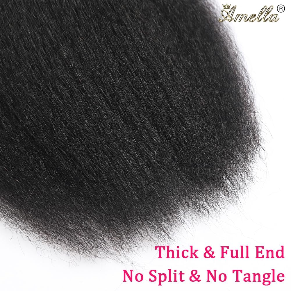 Amella Hair 10A Kinky Straight Hair 1 Bundles Yaki Human Hair Weave Unprocessed Brazilian Virgin Remy Sew in Hair Extensions Natural Black(12inch)