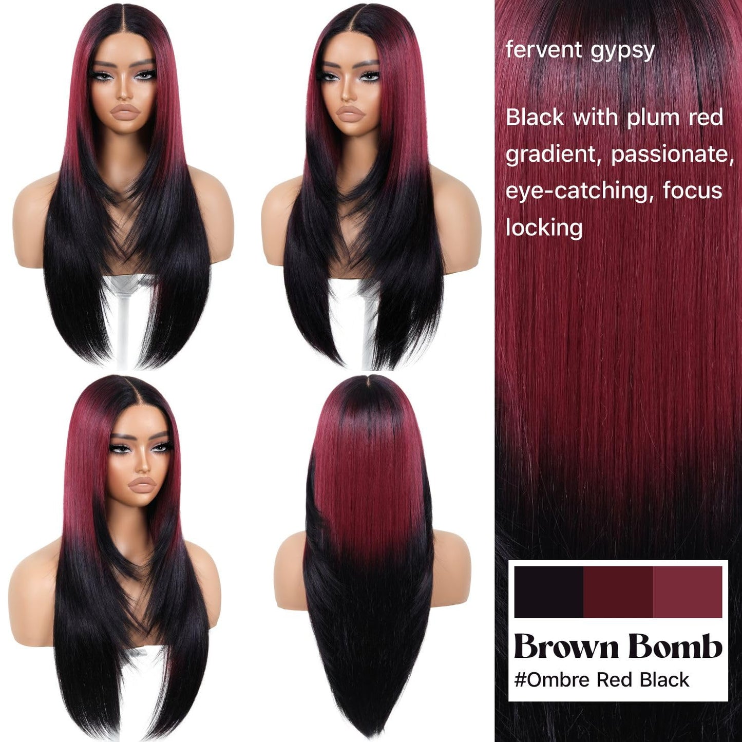 BrownBomb Ombre Red Black Wear and Go Glueless Wigs Pre Plucked Pre Cut for Beginners Synthetic Lace Front Wigs With Bangs Long Straight layered Wigs HD Lace 26 Inch 3 Seconds to Wear for Beginners