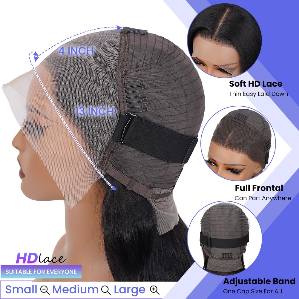 FASCARA 13x4 HD Transparent Lace Front Wigs Human hair Pre Plucked 180 Density Brazilian Body Wave Frontal Wigs Human Hair with Baby Hair Natural Hairline Natural Black Color 24 Inch