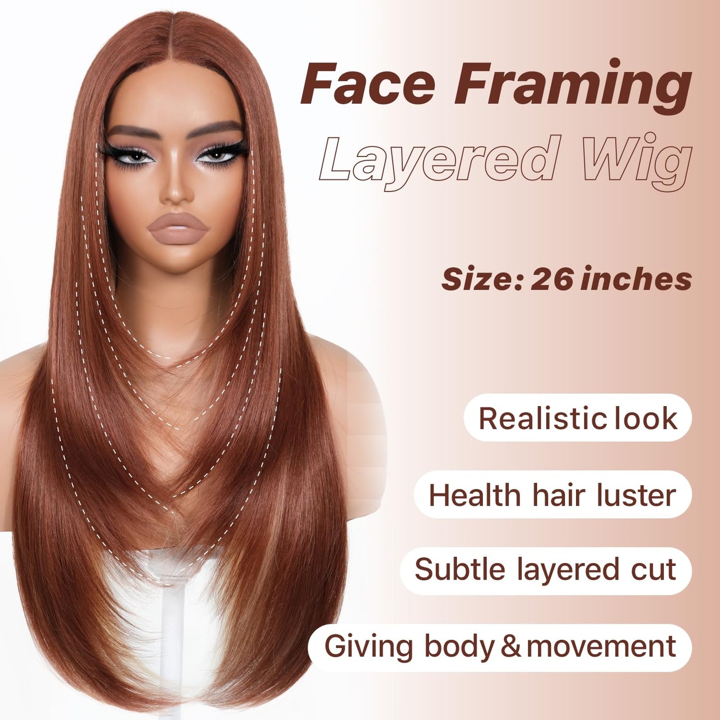 BrownBomb Cooper Blond Wear and Go Glueless Wigs Pre Plucked Pre Cut for Beginners Synthetic Lace Front Wigs For Woman With Bangs Long layered Straight 26 Inch Ginger Highlights 3 Seconds to Wear