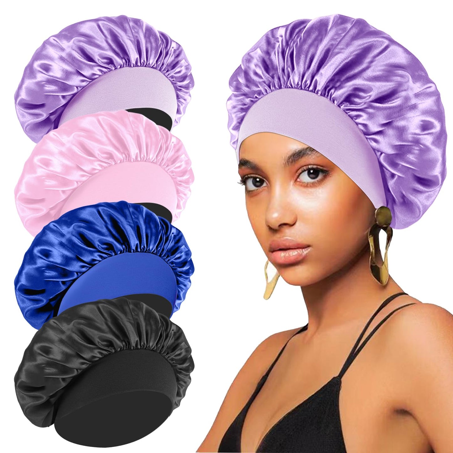 4PCS Silk Bonnet for Sleeping - Satin Bonnets for Black Women & Men, Elastic Wide Band Hair Wrap Cap for Curly Hair, Shower Cap (Black, Sapphire Blue, Pink, Purple)