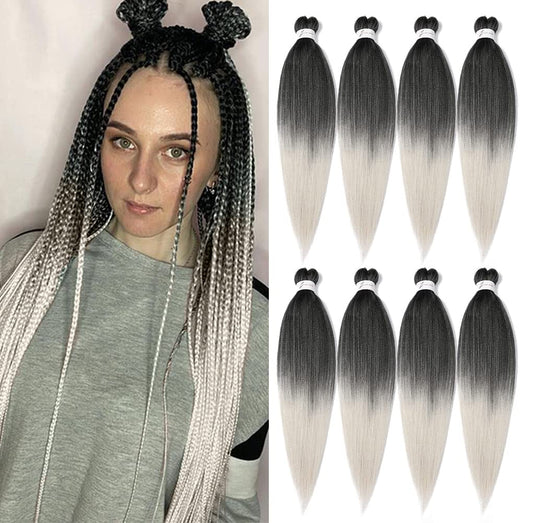 8 Packs Pre Stretched Braiding Hair, 20 Inch Braiding Hair Pre Stretched Yaki Texture, Hot Water Setting, Easy To Install Professional Synthetic Ombre Braiding Hair(20in,1B/Silver)