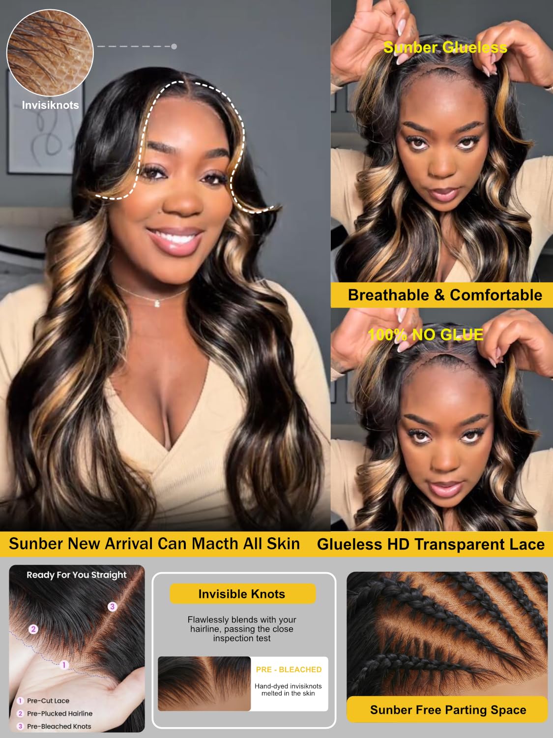 Sunber Butterscotch Highlights Brown with Free Face Framing Bangs Wig Pre Cut 7x5 Bye Bye Knots Lace Loose Wave Glueless Wigs 150% Density Pre Plucked Pre Bleached Knots 150% Density 24Inch Put On Wig