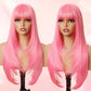 NOVFLKW Light Pink Long Straight Layered Wig with Bangs for Women 26 inch Put on Go Realistic Synthetic Fiber Heat Resistant Natural Wig for Girls Party Cosplay and Daily Use