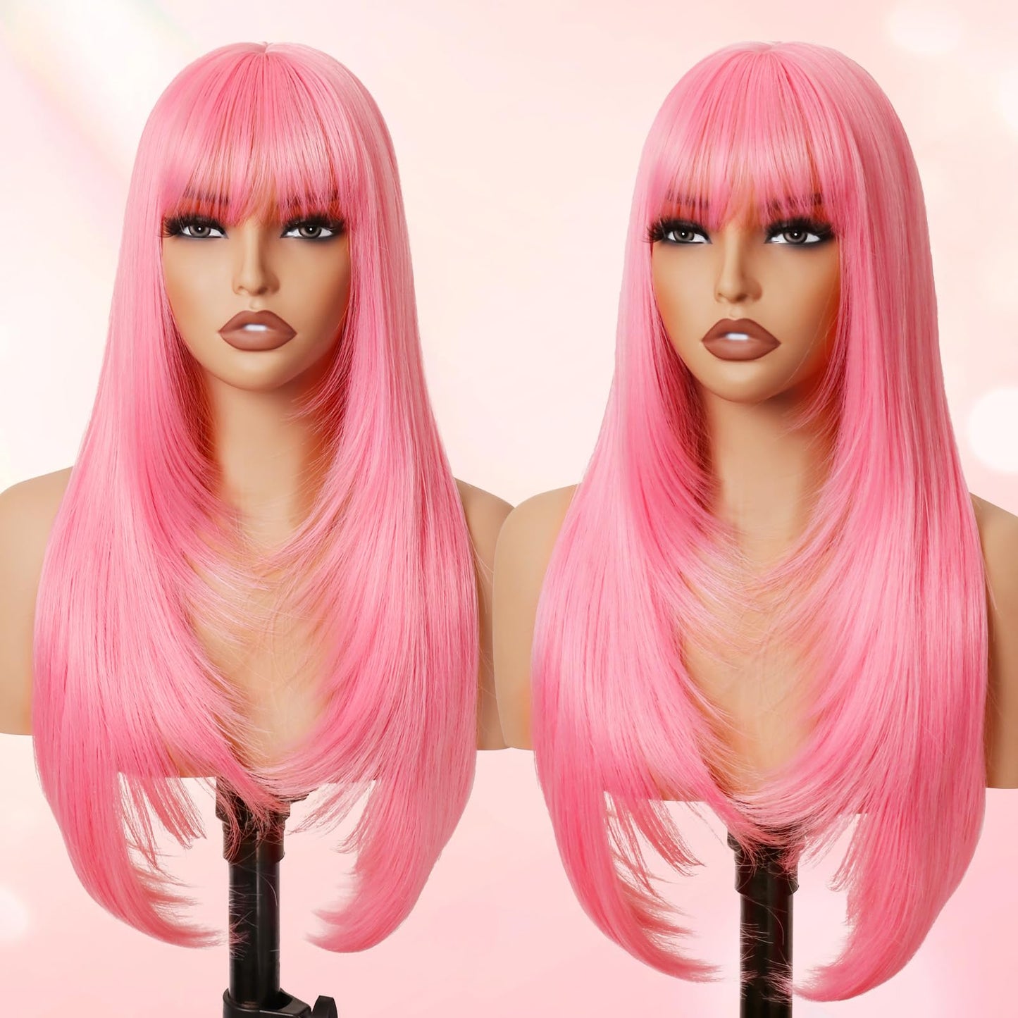 NOVFLKW Light Pink Long Straight Layered Wig with Bangs for Women 26 inch Put on Go Realistic Synthetic Fiber Heat Resistant Natural Wig for Girls Party Cosplay and Daily Use