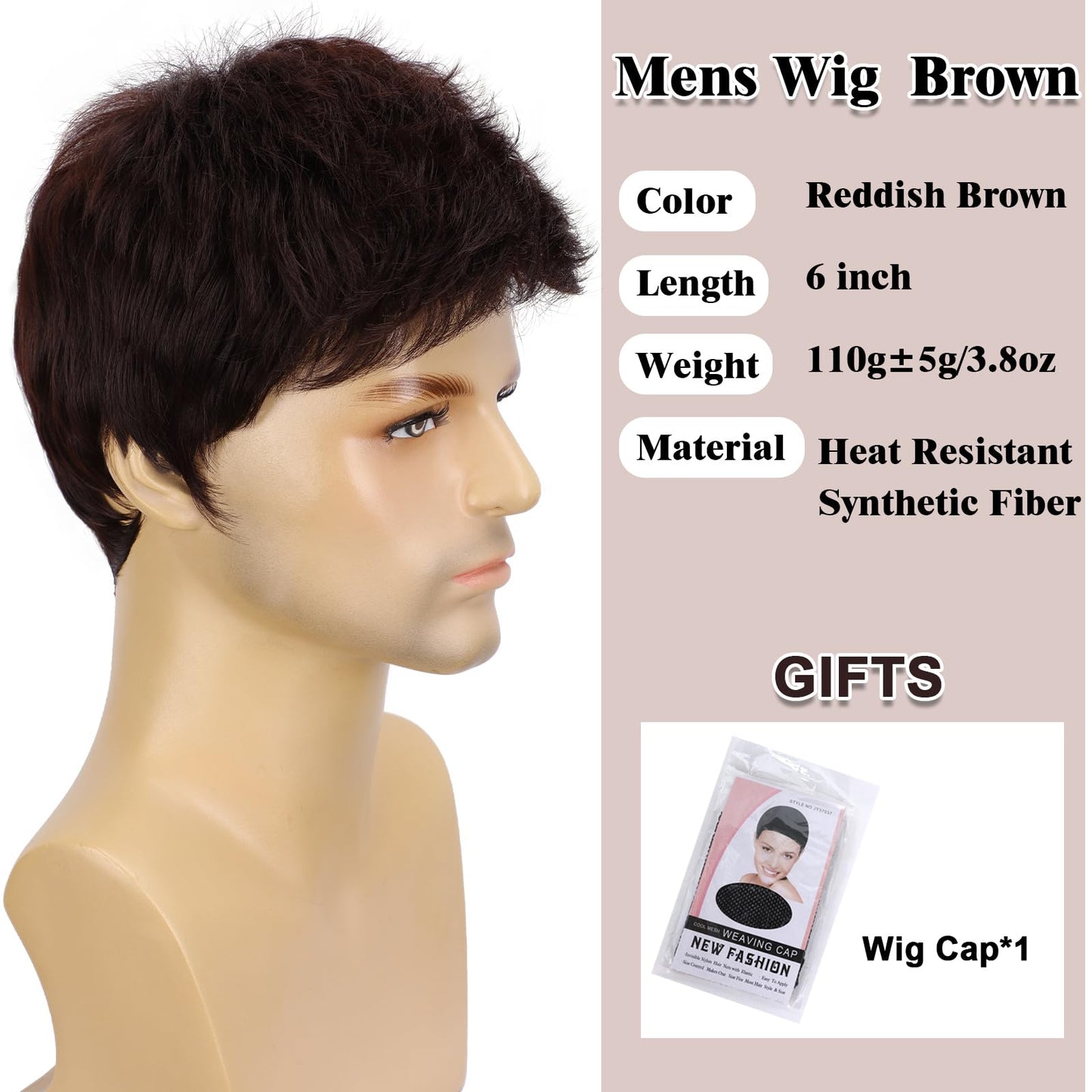 TOPHR Short Mens Wig Handsome Reddish Brown 6 Inch Heat Resistant Synthetic Straight Male Wigs for Daily Costumes or Halloween Wear