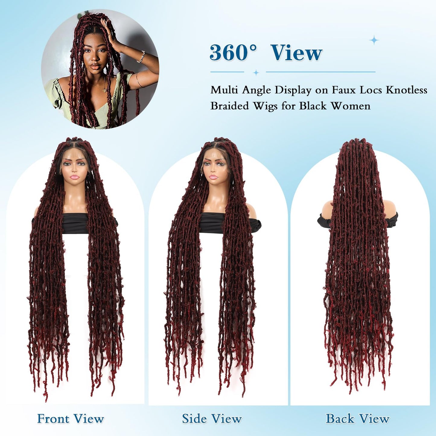 Olymei Locs Braided Wigs for Black Women Knotless Braided Wigs Locs Braid Wig with Baby Hair Full Double Lace Braided Wig Synthetic Burgundy Red Locs Braided Wig, 48 Inches Full Double Lace