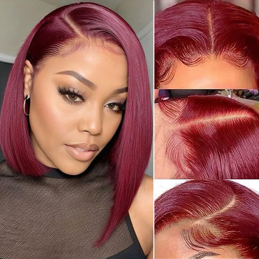 Straight Brazilian Hair Burgundy Bob Wig Human Hair 99j 13x4 HD Transparent Lace Front Wig 180 Density Bob Wig 10 inch Women's Modern Style Natural Hairline Pre-plucked Lace Front Wig with Baby Hair